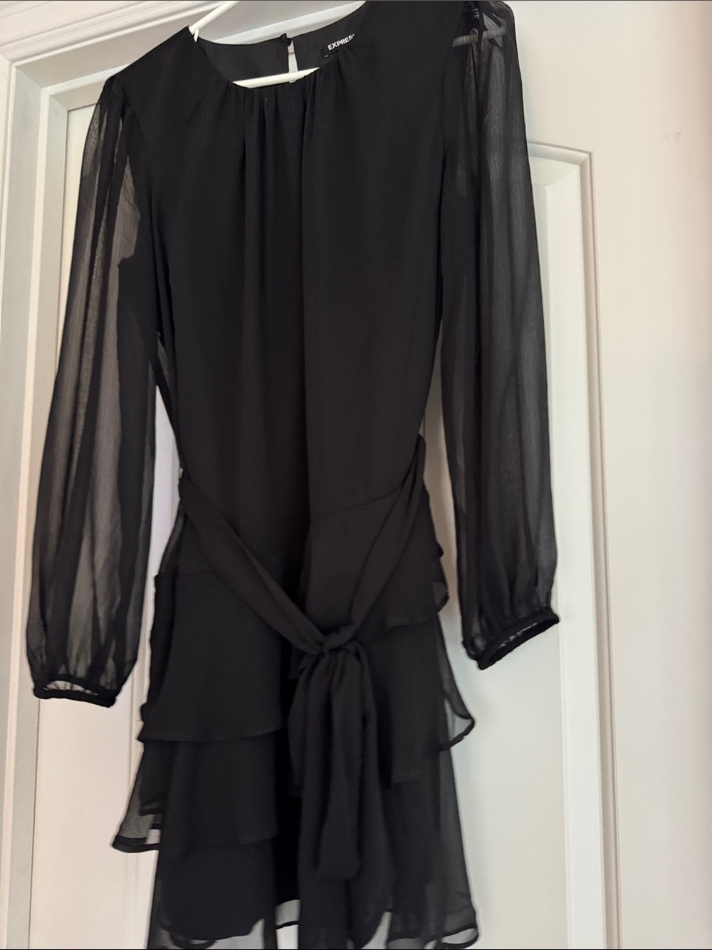 Express Black Sheer-Sleeve Tiered Tie-Waist Dress
